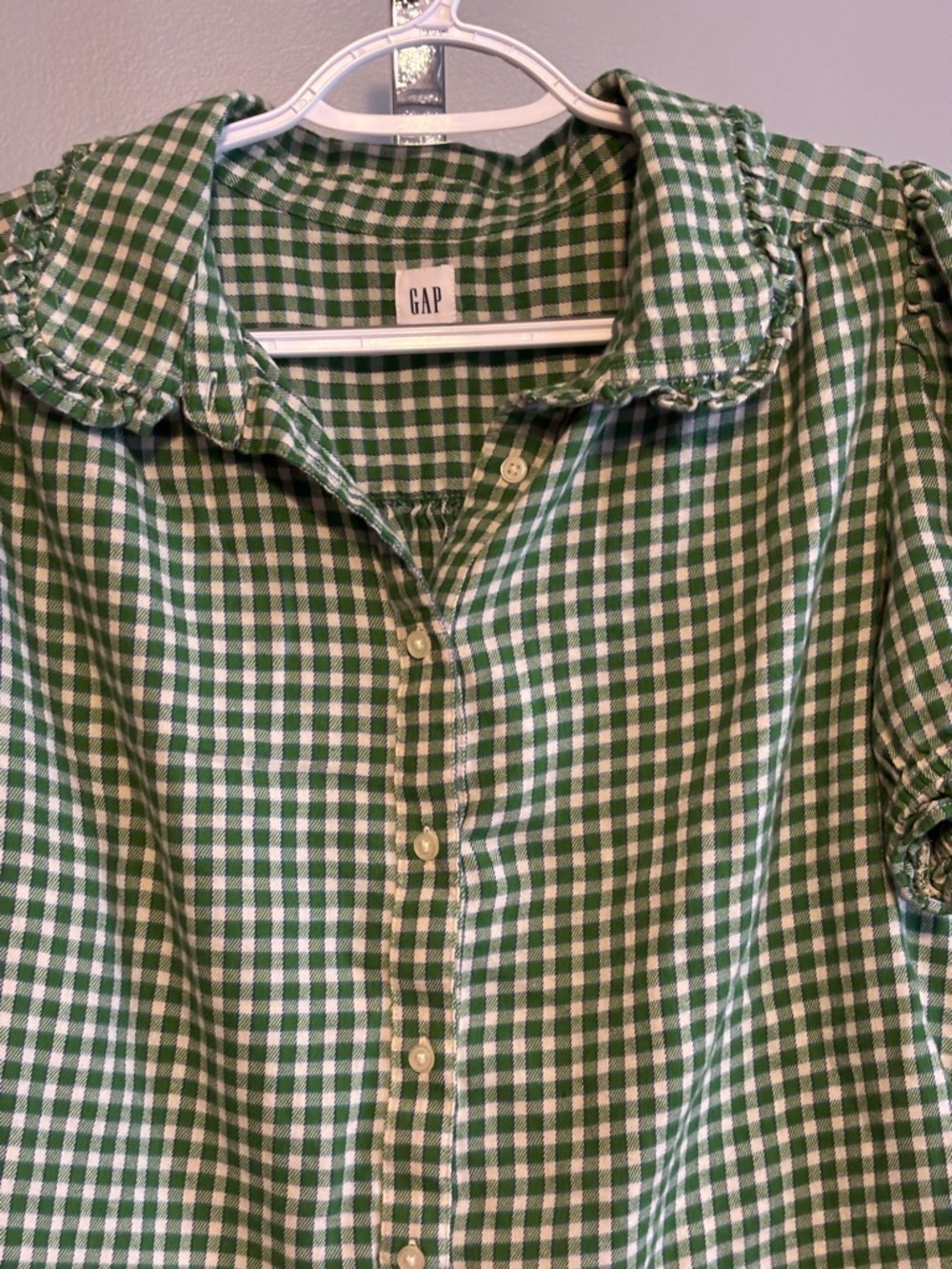 Gap Rounded Collar Shirt Women’s Med Green Plaid Ruffle Preppy Short Sleeve - Picture 6 of 8